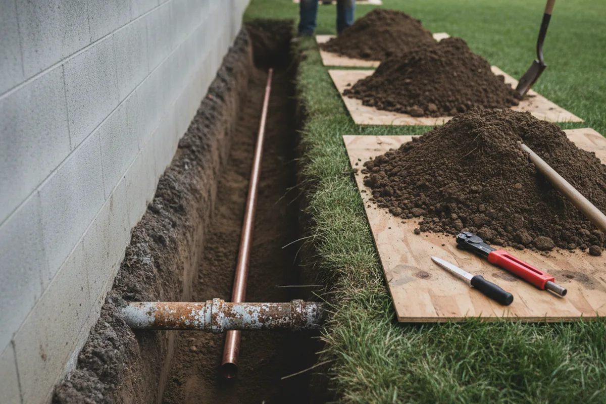 Excavated water line trench during Sewer Line Repair in Ulysses